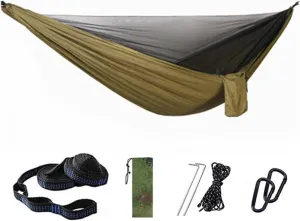 Camp Camping Hammock with Mosquito Net Portable Parachute 6 Strap Double Travel Hammock,Outdoor Backpacking Hammock Swing Chair Strong, Army Green