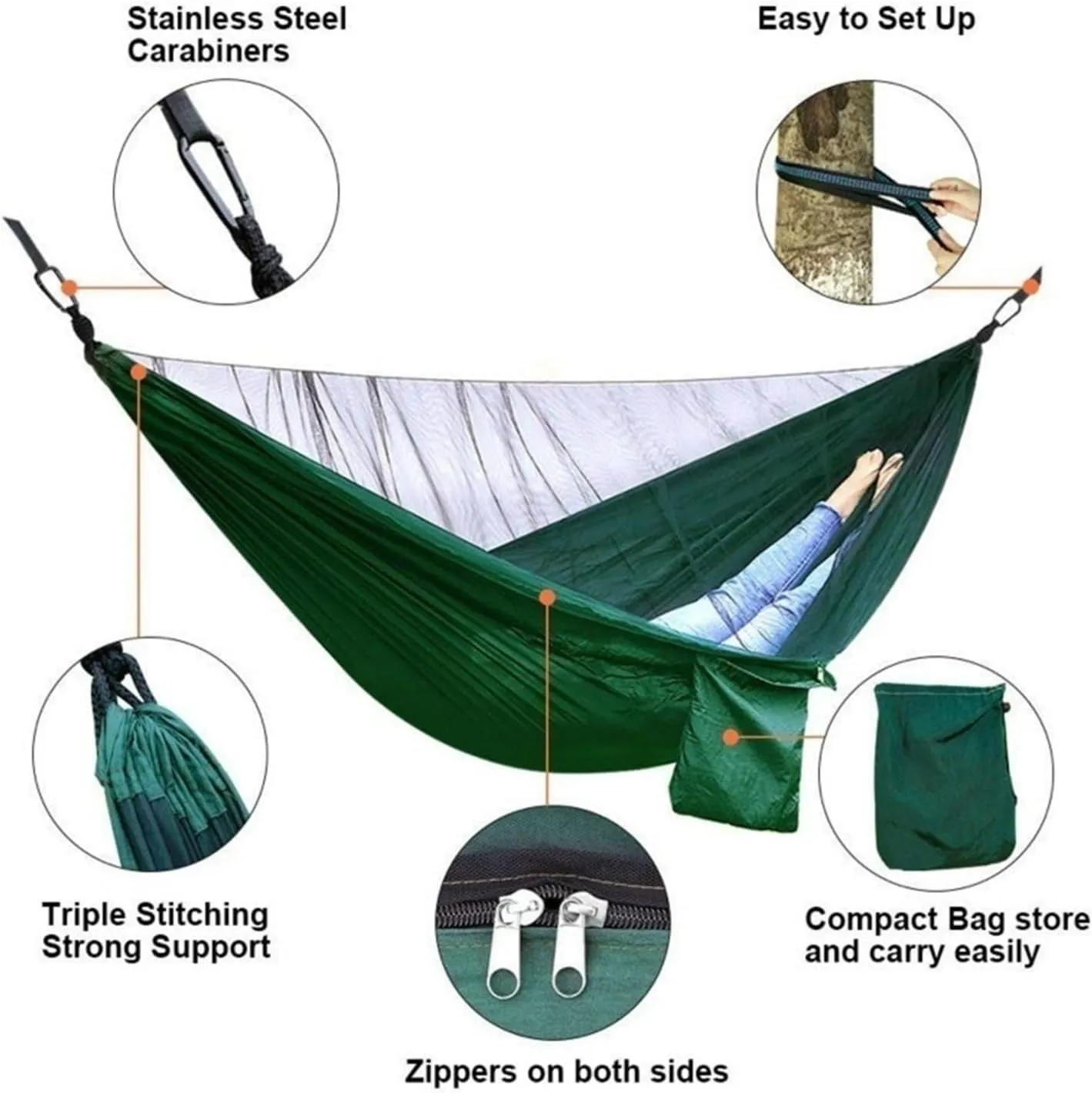 Camp Camping Hammock with Mosquito Net Portable Parachute 6 Strap Double Travel Hammock,Outdoor Backpacking Hammock Swing Chair Strong, Army Green