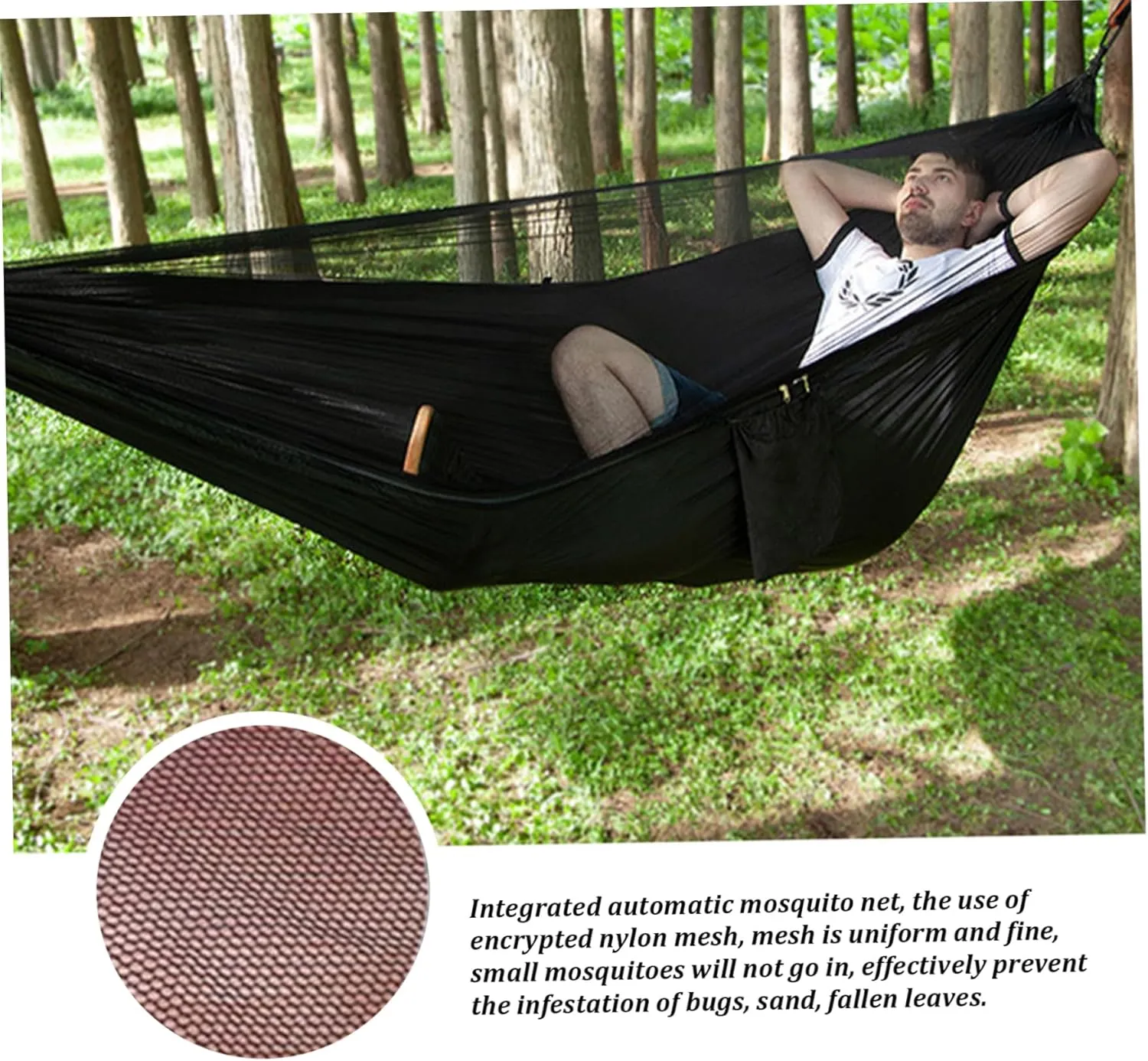 Camping Hammock 114x55 Inch Double Hammock Tent with Anti-Sting Mesh & Side Pocket Portable Nylon Hanging Bed with Set-Up Accessories & Storage Bag, Black Camping