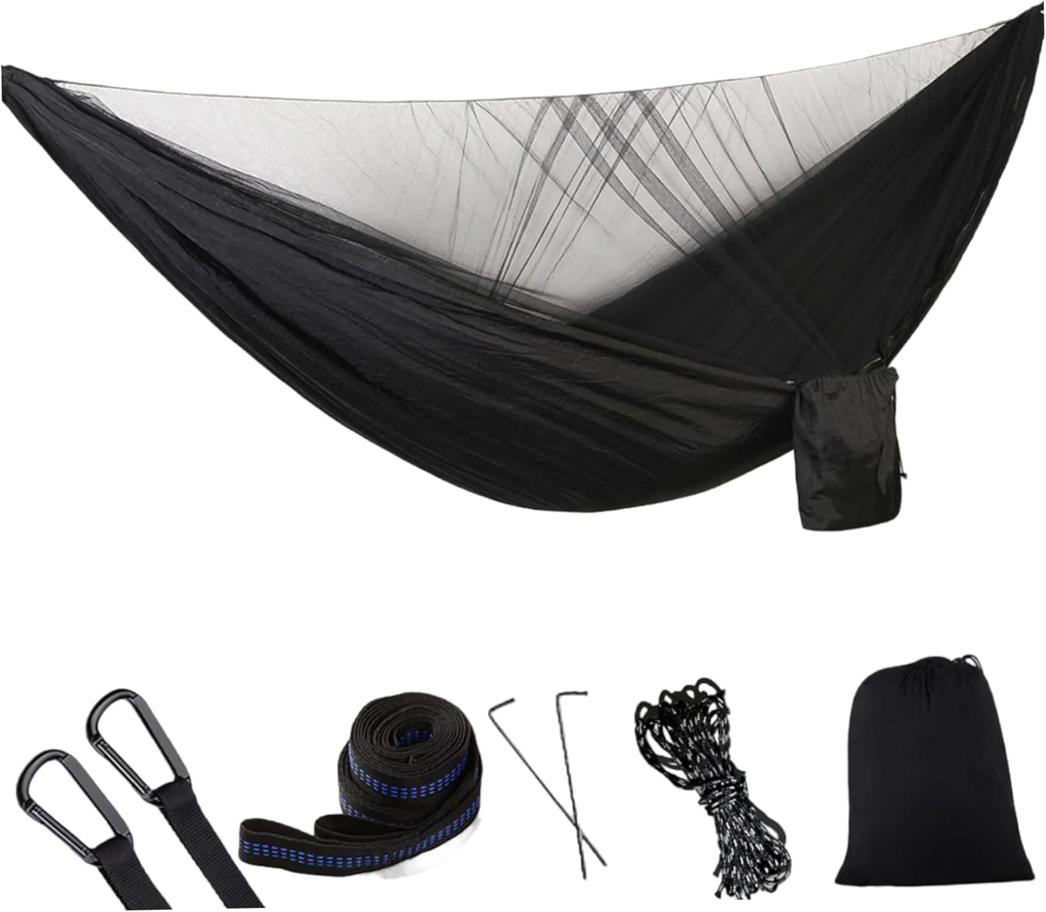 Camping Hammock 114x55 Inch Double Hammock Tent with Anti-Sting Mesh & Side Pocket Portable Nylon Hanging Bed with Set-Up Accessories & Storage Bag, Black Camping