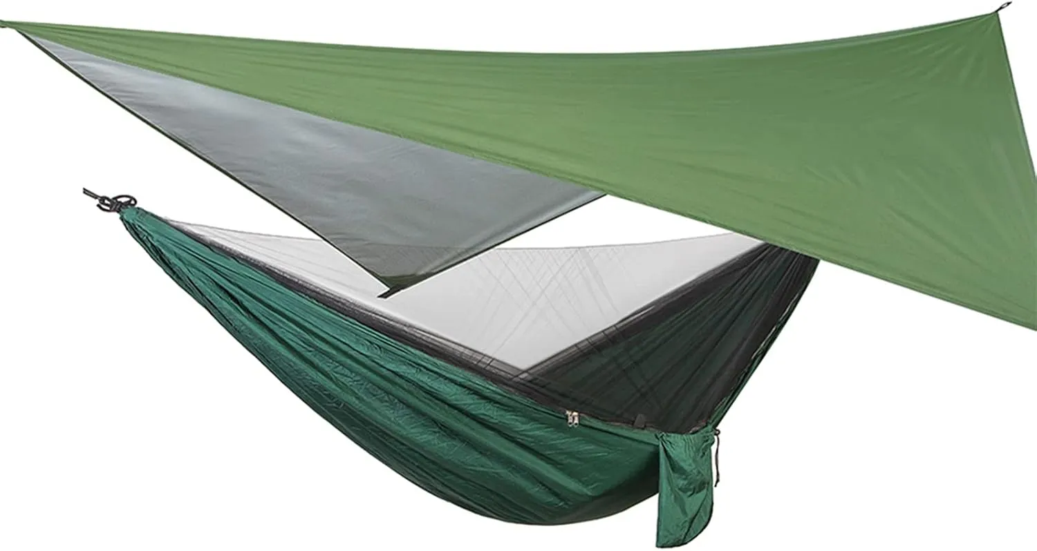 Camping Hammock for Adults, 9.5x4.6ft Portable Hammocks with Mesh Net and 10x10ft Canopy, Travel Heavy Duty Hammock for Outdoor(Army Green)