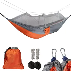 Camping Hammock with Mosquito Net Portable Lightweight Hanging Hammocks with 2 Tree Straps 210T Parachute Nylon Hammock for Outdoor Hiking Survival Travel, Orange