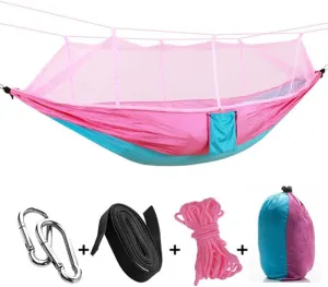 Camping Hammock with Mosquito Net,1-2 Lightweight Portable Outdoor Camping Hammock Nylon Hammock Tent with Tree Straps for Indoor, Camping, Hiking, Backpacking, Beach,Backyard,Pink and Sky Blue