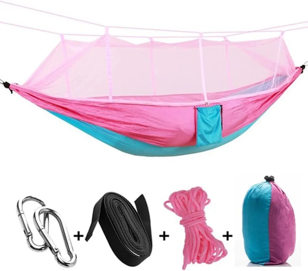 Camping Hammock with Mosquito Net,1-2 Lightweight Portable Outdoor Camping Hammock Nylon Hammock Tent with Tree Straps for Indoor, Camping, Hiking, Backpacking, Beach,Backyard,Pink and Sky Blue