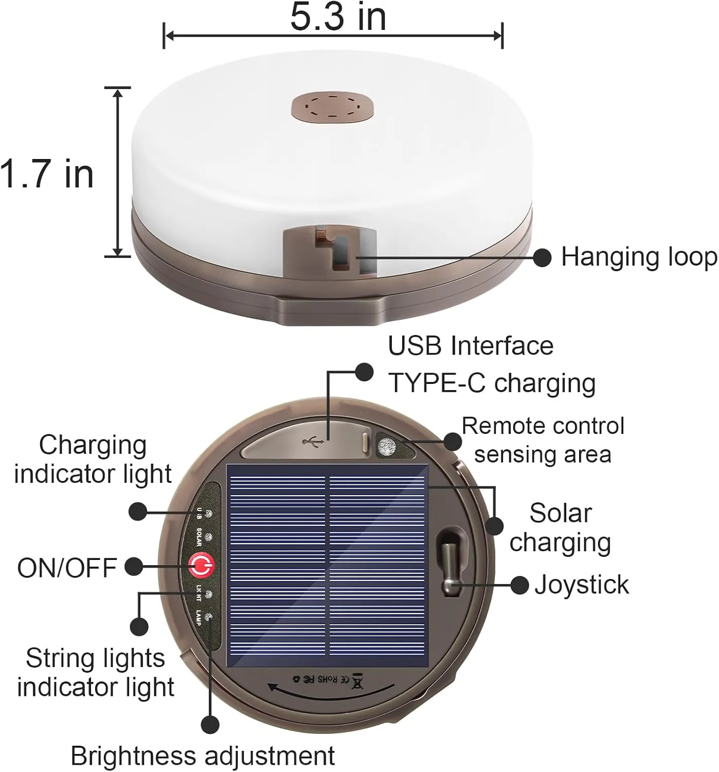 Camping String Light 4 in 1 Retractable 42ft Solar /USB Rechargeable 3600mAh Waterproof Hanging Outdoor Camping Lantern with 8 Lighting Modes, Portable Tent Lights for Hiking, Yard, RV (Warm Light)