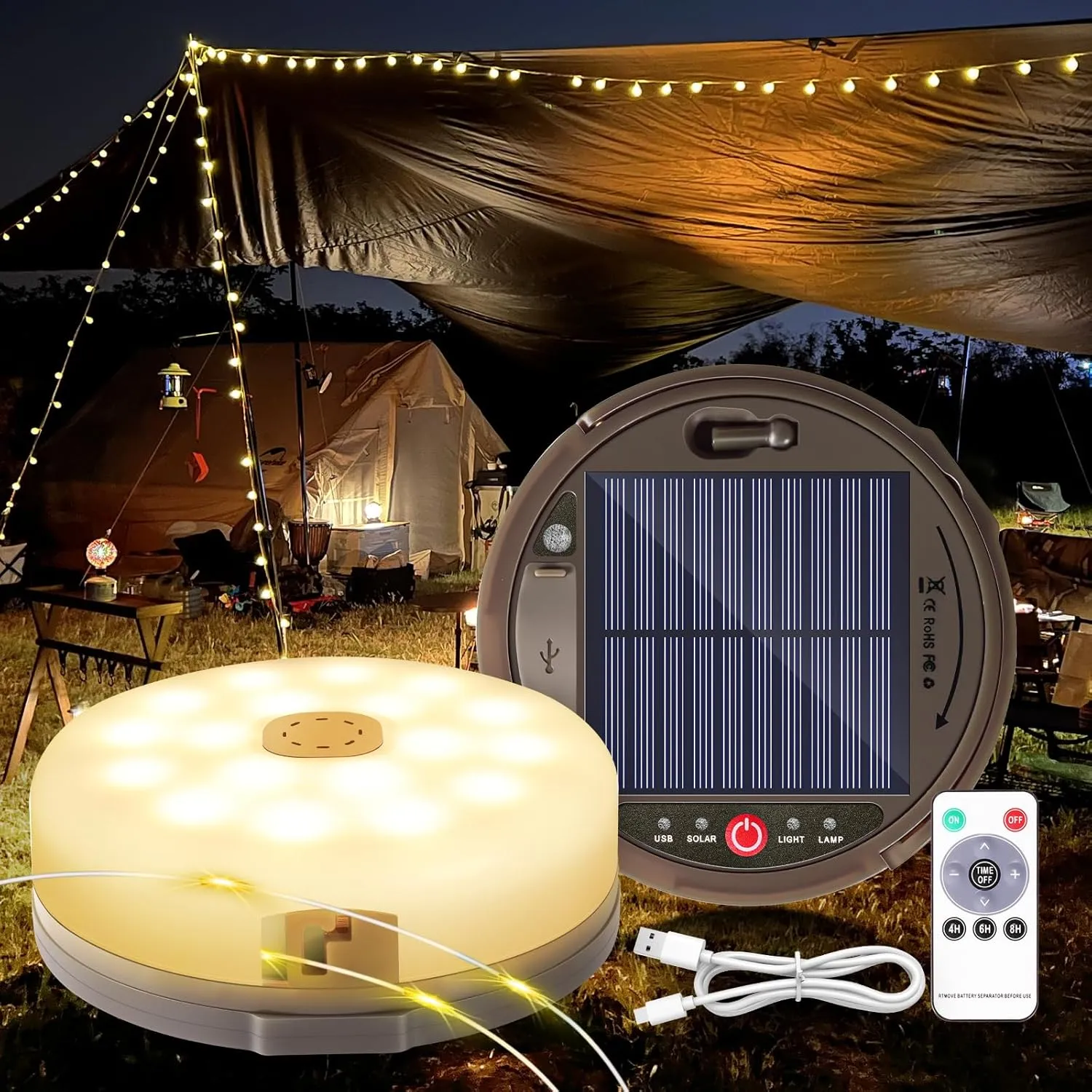 Camping String Light 4 in 1 Retractable 42ft Solar /USB Rechargeable 3600mAh Waterproof Hanging Outdoor Camping Lantern with 8 Lighting Modes, Portable Tent Lights for Hiking, Yard, RV (Warm Light)