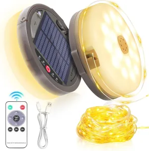 Camping String Light 4 in 1 Retractable 42ft Solar /USB Rechargeable 3600mAh Waterproof Hanging Outdoor Camping Lantern with 8 Lighting Modes, Portable Tent Lights for Hiking, Yard, RV (Warm Light)