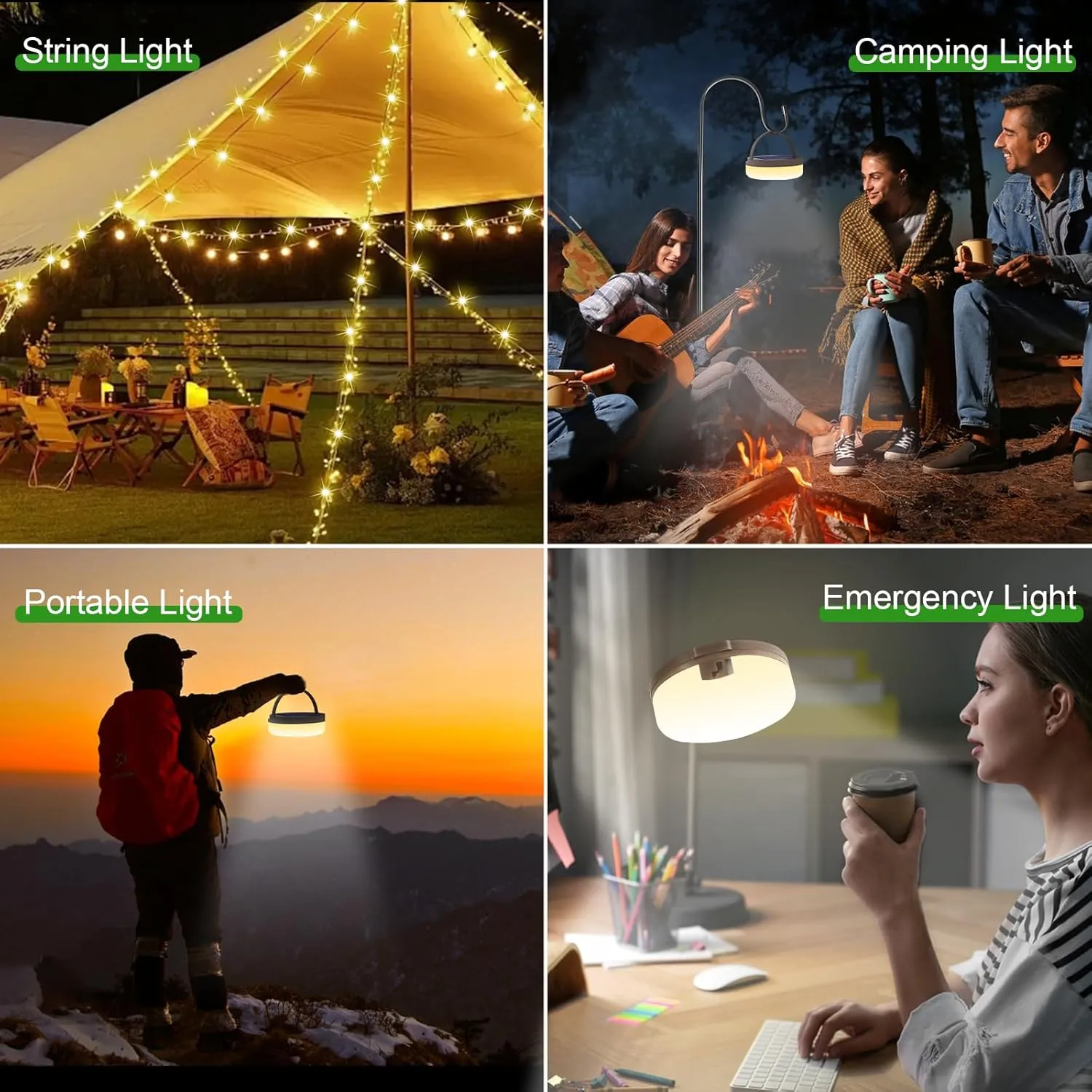 Camping String Light 4 in 1 Retractable 42ft Solar /USB Rechargeable 3600mAh Waterproof Hanging Outdoor Camping Lantern with 8 Lighting Modes, Portable Tent Lights for Hiking, Yard, RV (Warm Light)