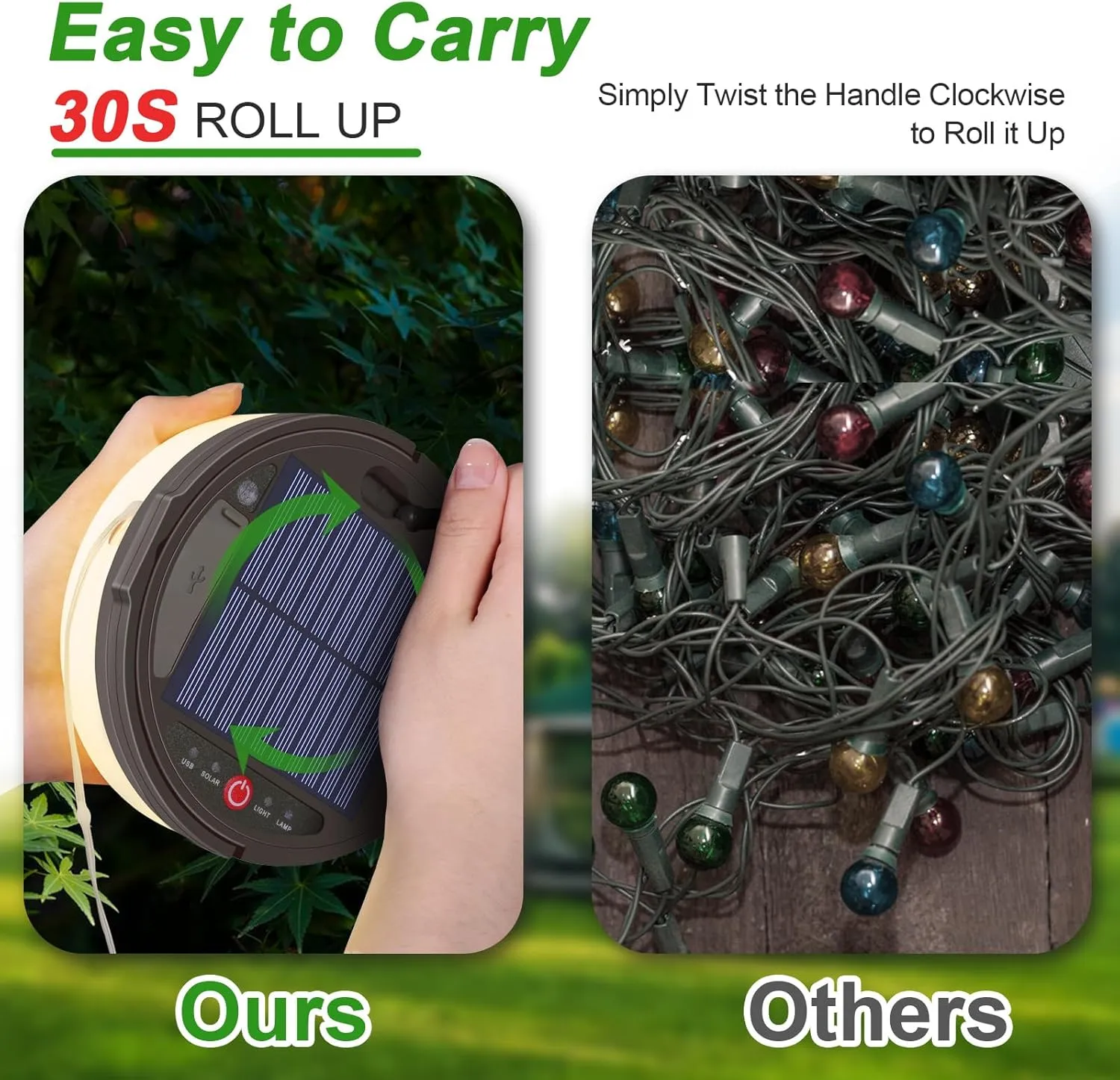 Camping String Light 4 in 1 Retractable 42ft Solar /USB Rechargeable 3600mAh Waterproof Hanging Outdoor Camping Lantern with 8 Lighting Modes, Portable Tent Lights for Hiking, Yard, RV (Warm Light)
