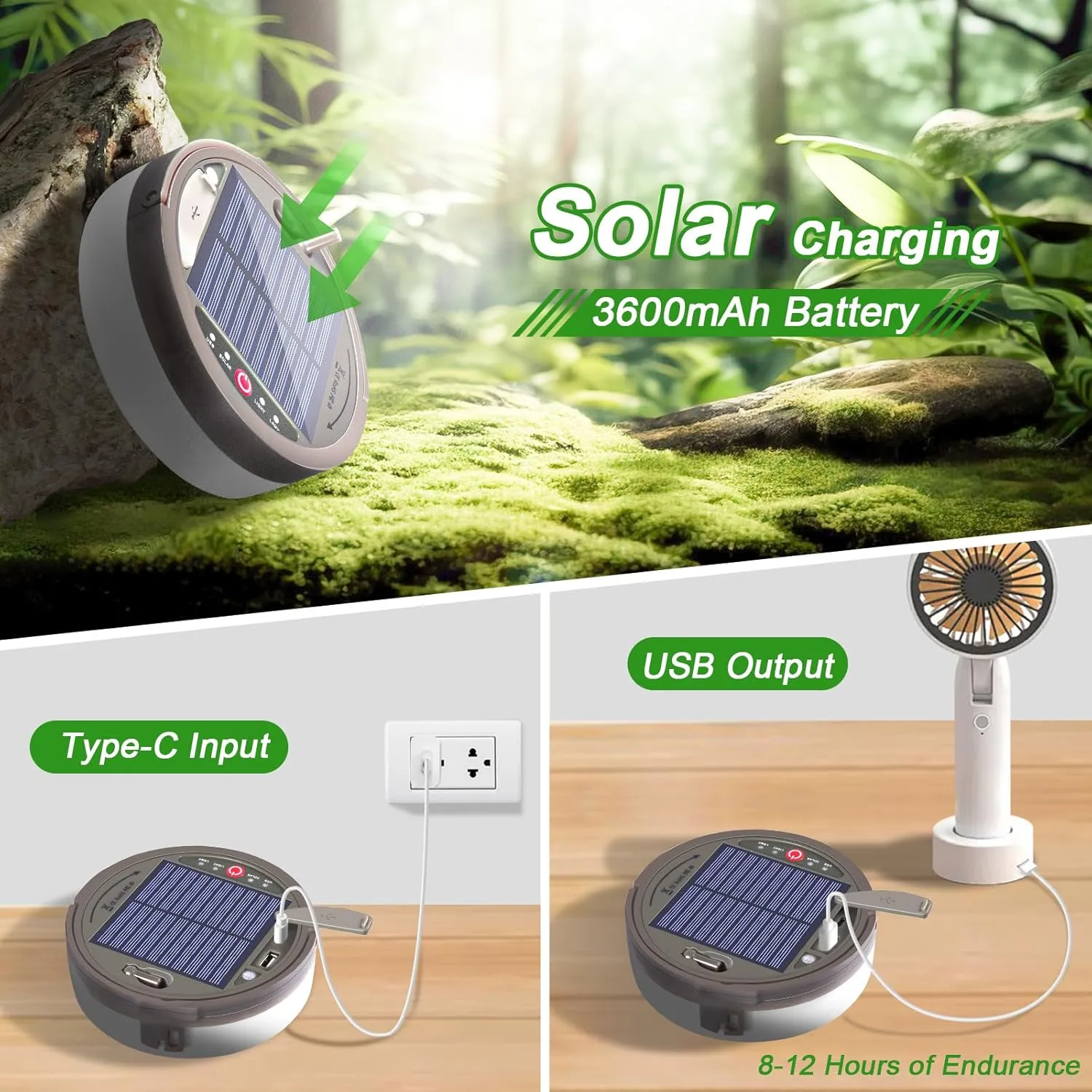 Camping String Light 4 in 1 Retractable 42ft Solar /USB Rechargeable 3600mAh Waterproof Hanging Outdoor Camping Lantern with 8 Lighting Modes, Portable Tent Lights for Hiking, Yard, RV (Warm Light)
