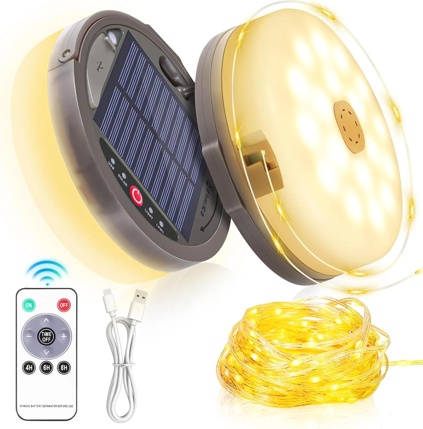 Camping String Light 4 in 1 Retractable 42ft Solar /USB Rechargeable 3600mAh Waterproof Hanging Outdoor Camping Lantern with 8 Lighting Modes, Portable Tent Lights for Hiking, Yard, RV (Warm Light)