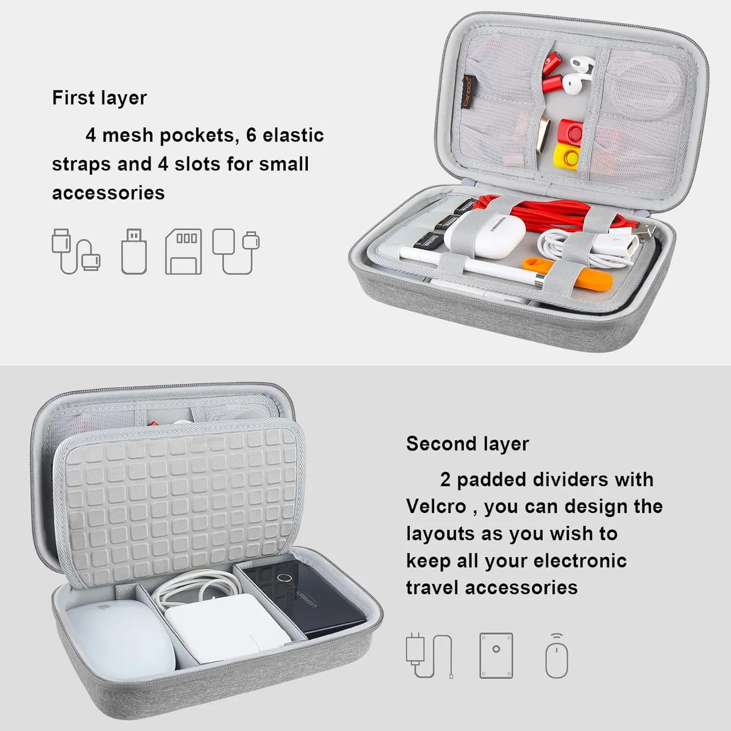 Canboc Hard Electronic Organizer Travel Case Electronics Accessories Cable Gadget Wire Storage Bag Double Layer Shockproof Box for Charger, Cord, Flash Drive, Apple Pencil, Power Bank, Grey