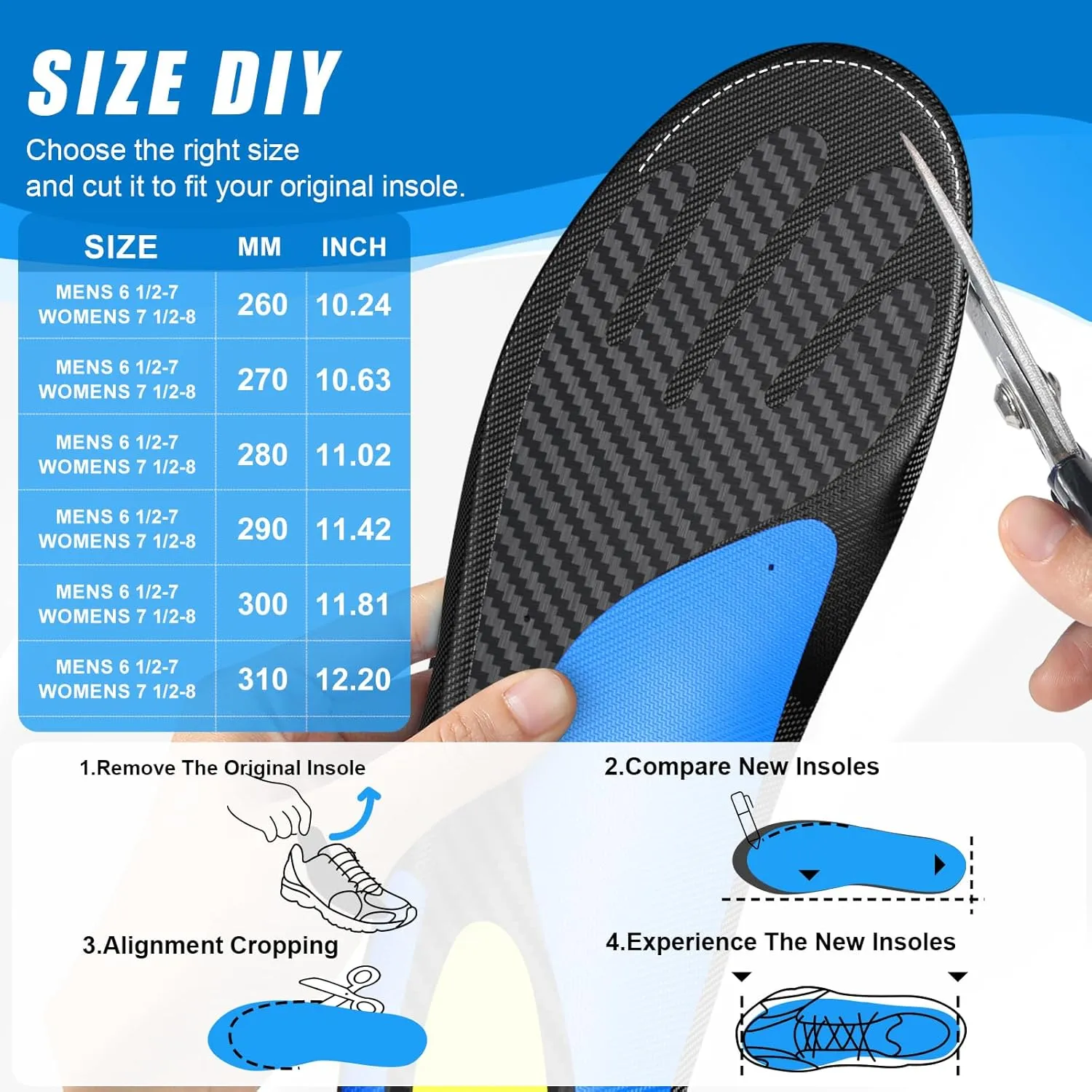 Carbon Fiber Insole with Arch Support for Long Periods of Standing, Jogging, Hiking and Other Outdoor Sports, as Well as a Work Boot Insole. (Blue, M：8.5/9丨W：9.5/10（280mm）)