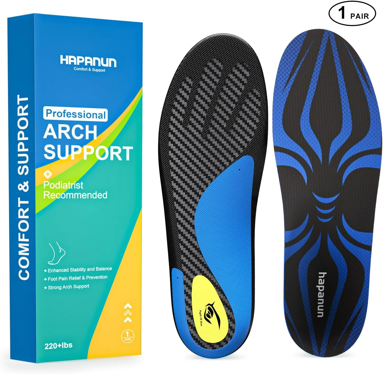 Carbon Fiber Insole with Arch Support for Long Periods of Standing, Jogging, Hiking and Other Outdoor Sports, as Well as a Work Boot Insole. (Blue, M：8.5/9丨W：9.5/10（280mm）)