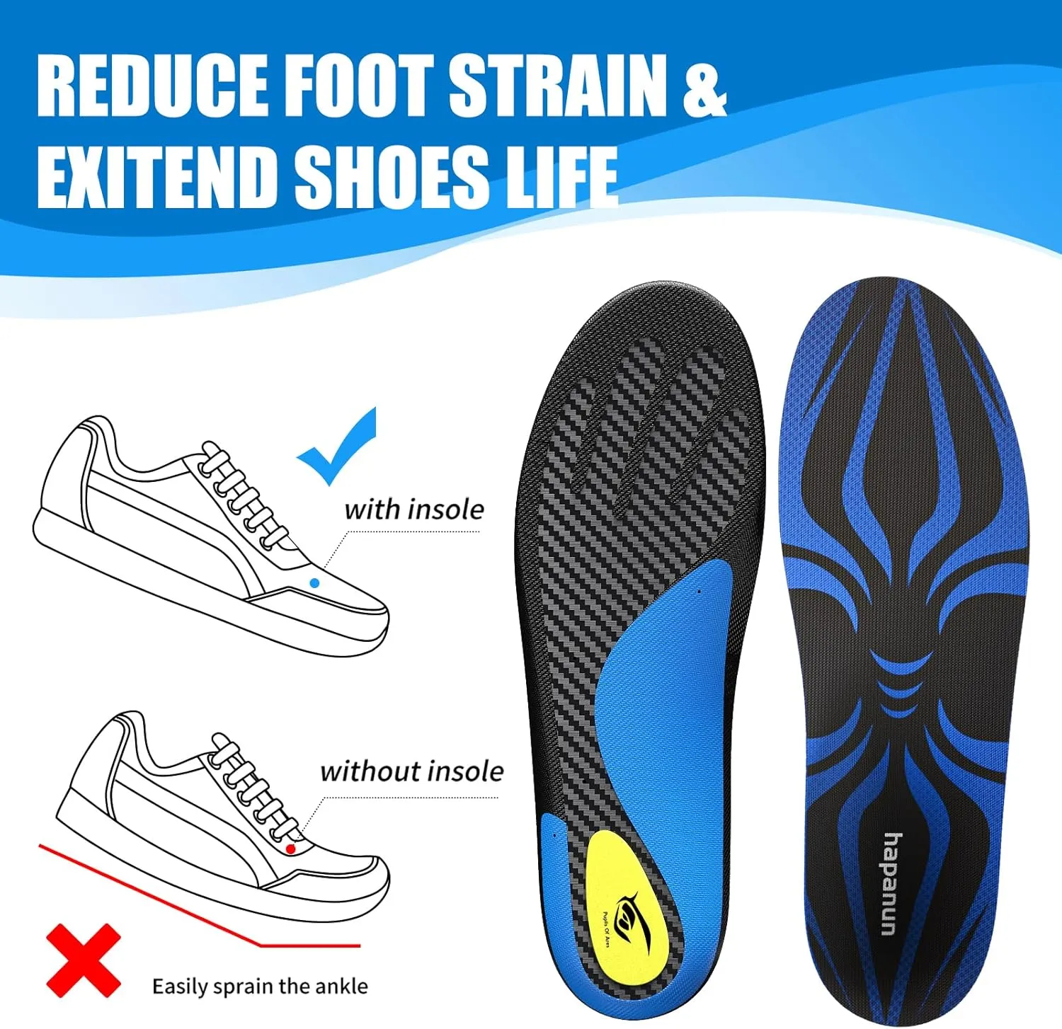 Carbon Fiber Insole with Arch Support for Long Periods of Standing, Jogging, Hiking and Other Outdoor Sports, as Well as a Work Boot Insole. (Blue, M：9.5/10丨W：10.5/11（290mm）)