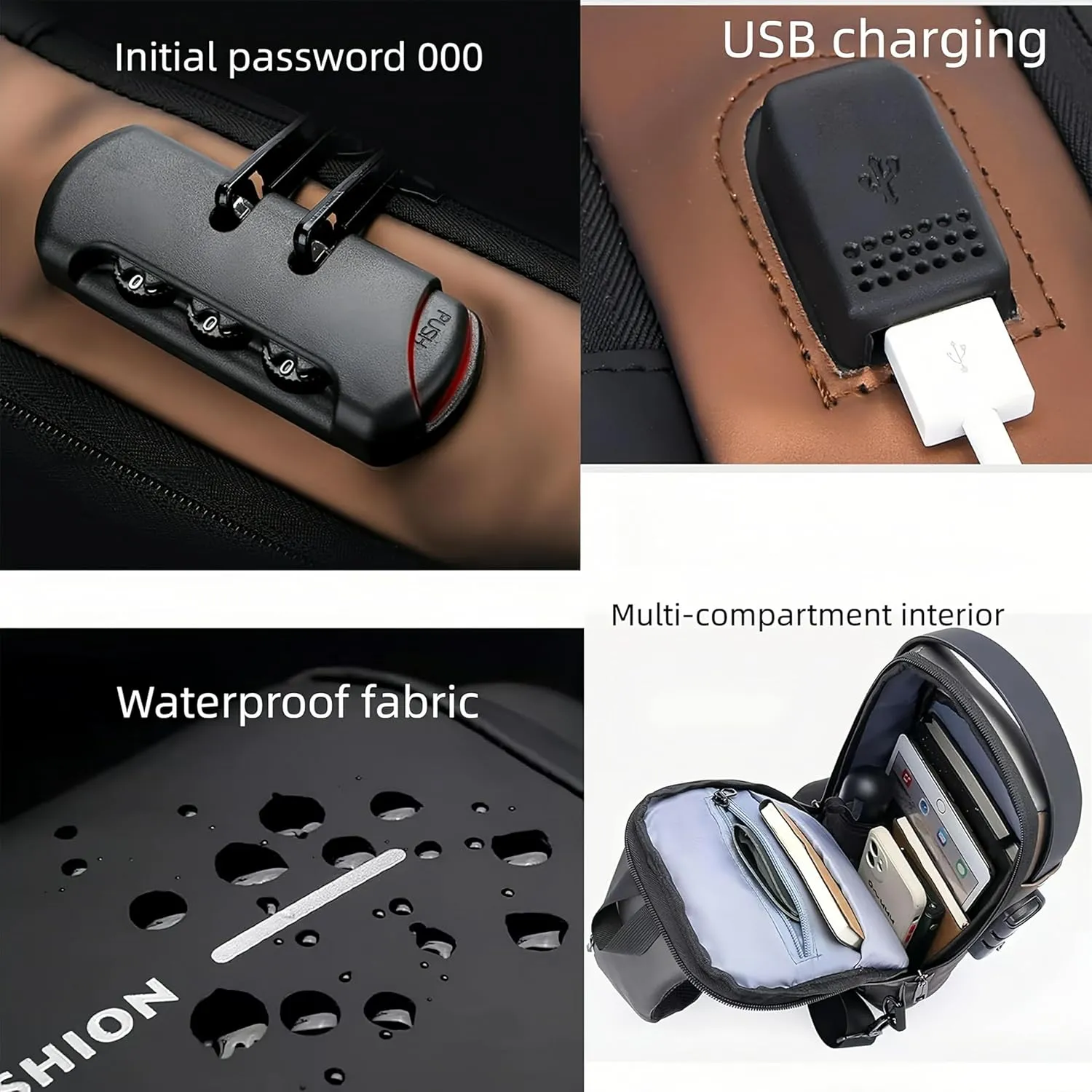 Carbon fiber streamline anti-theft shoulder bag, USB charging sports waterproof shoulder bag (Gray)