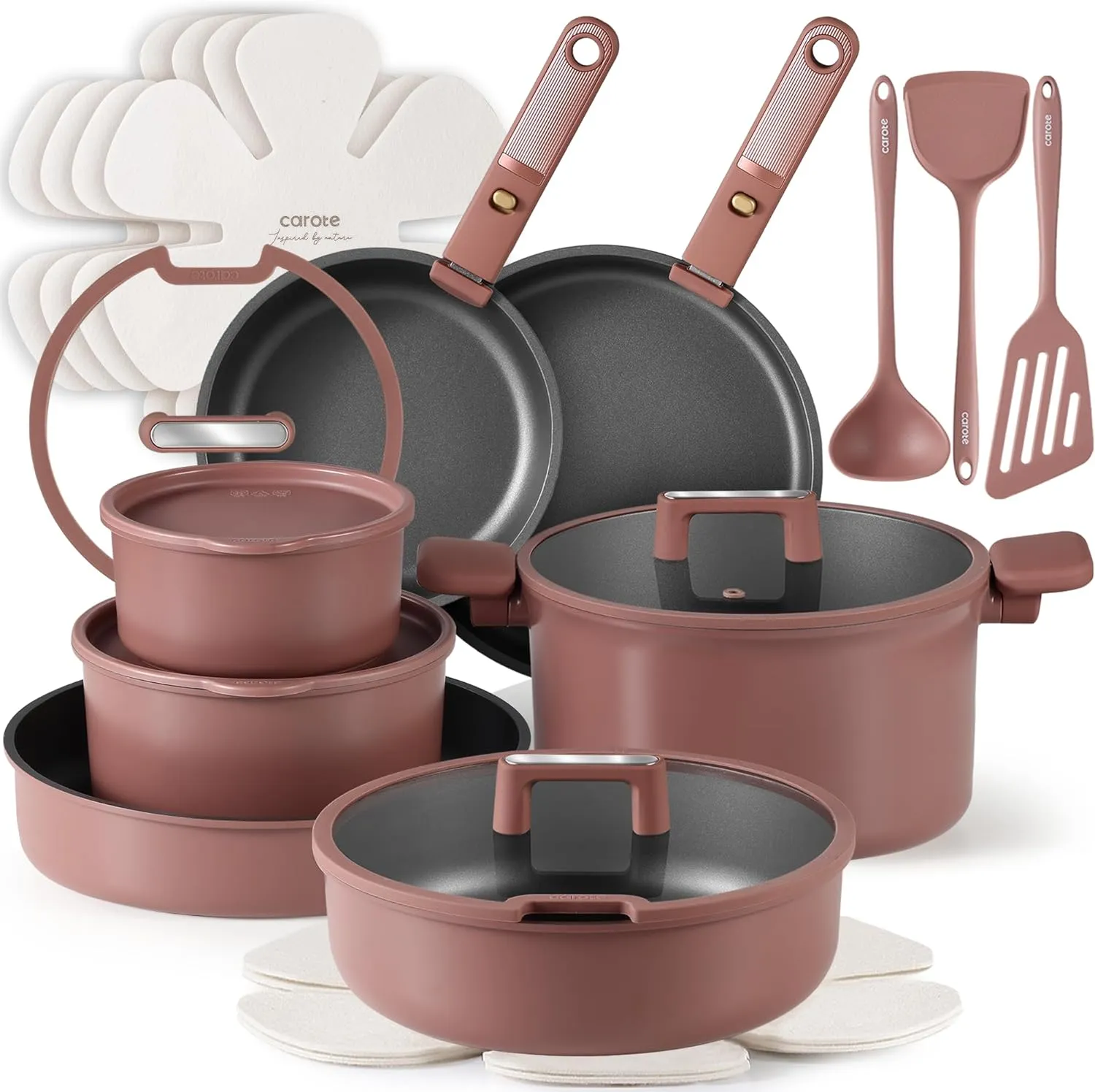 CAROTE 23Pcs Pots and Pans Set Non Stick with Detachable Handle Rouge Pink, Premium Nonstick Cookware Set, Dishwasher/Oven Safe Pots and Pans, Removable Handle RV Cookware