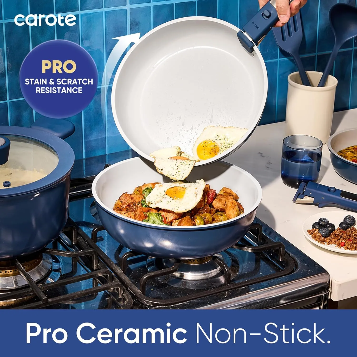 CAROTE 25pcs Ceramic Cookware Set Nonstick, Pots and Pans Set Non stick, Non Toxic Cookware, Dishwasher/Oven Safe, RV/Camping Cookware Set, Pan and Pot with Kitchen Utensils, Navy Blue
