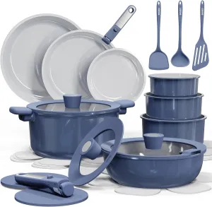 CAROTE 25pcs Ceramic Cookware Set Nonstick, Pots and Pans Set Non stick, Non Toxic Cookware, Dishwasher/Oven Safe, RV/Camping Cookware Set, Pan and Pot with Kitchen Utensils, Navy Blue