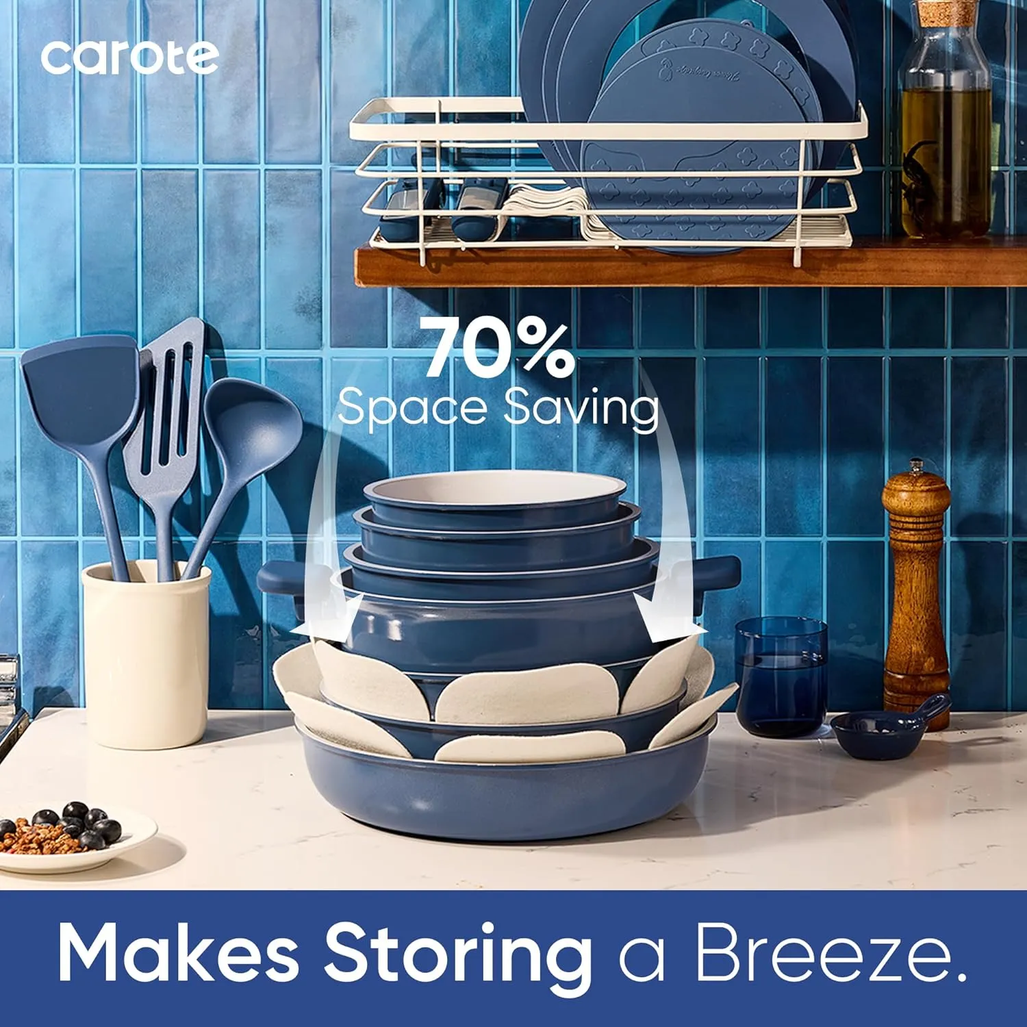 CAROTE 25pcs Ceramic Cookware Set Nonstick, Pots and Pans Set Non stick, Non Toxic Cookware, Dishwasher/Oven Safe, RV/Camping Cookware Set, Pan and Pot with Kitchen Utensils, Navy Blue