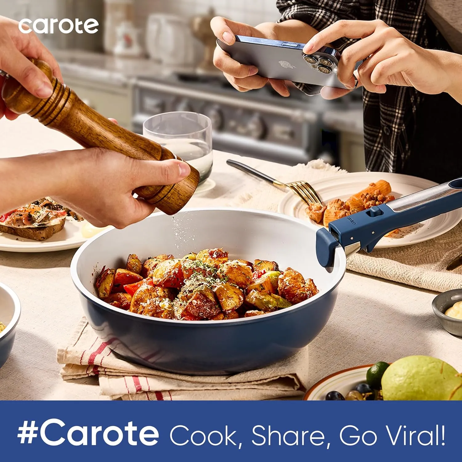 CAROTE 25pcs Ceramic Cookware Set Nonstick, Pots and Pans Set Non stick, Non Toxic Cookware, Dishwasher/Oven Safe, RV/Camping Cookware Set, Pan and Pot with Kitchen Utensils, Navy Blue