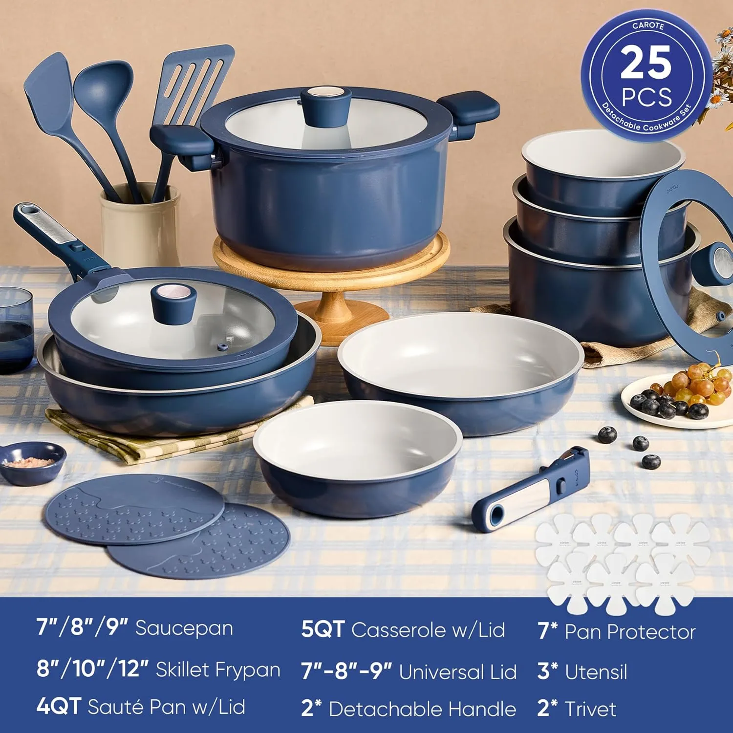 CAROTE 25pcs Ceramic Cookware Set Nonstick, Pots and Pans Set Non stick, Non Toxic Cookware, Dishwasher/Oven Safe, RV/Camping Cookware Set, Pan and Pot with Kitchen Utensils, Navy Blue