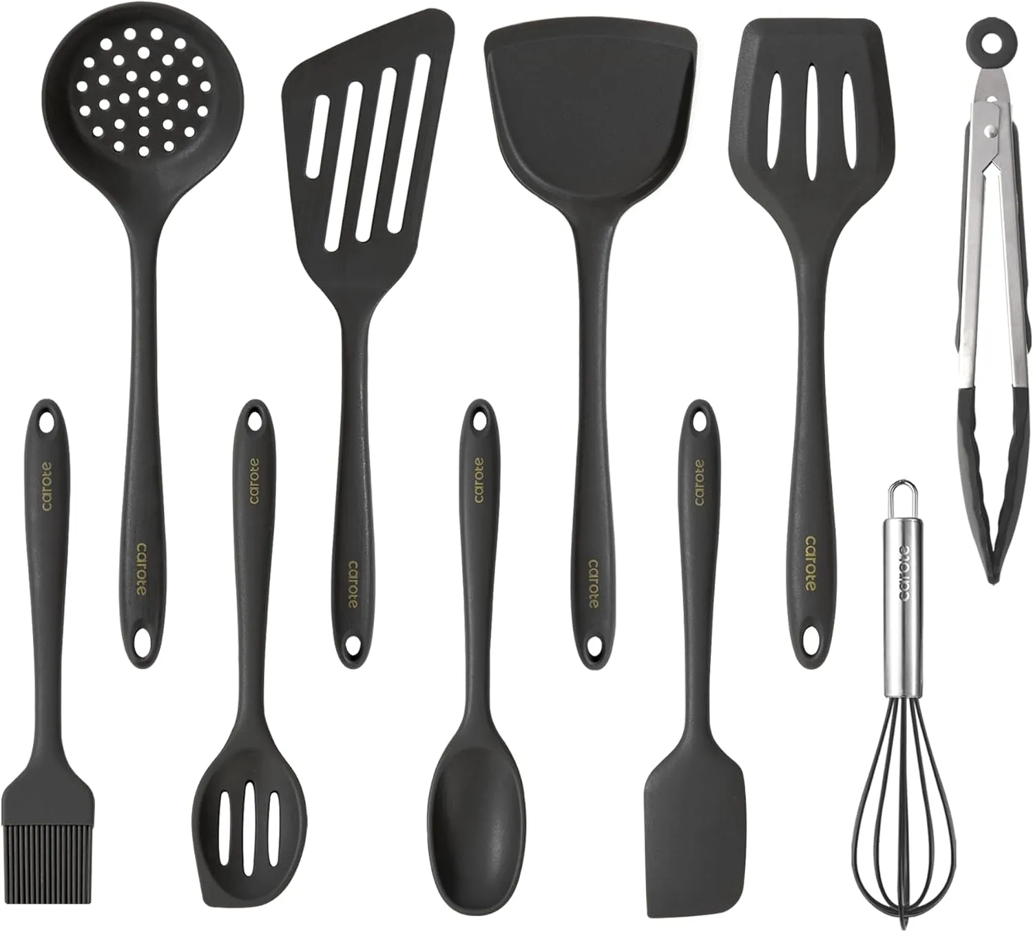 CAROTE Kitchen Utensil Set for Nonstick Cookware, Heat Resistant Silicone Cooking Utensils Set 10pcs, Dark Grey, Oderless Spatula, Turner
