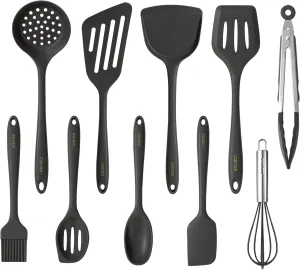 CAROTE Kitchen Utensil Set for Nonstick Cookware, Heat Resistant Silicone Cooking Utensils Set 10pcs, Dark Grey, Oderless Spatula, Turner