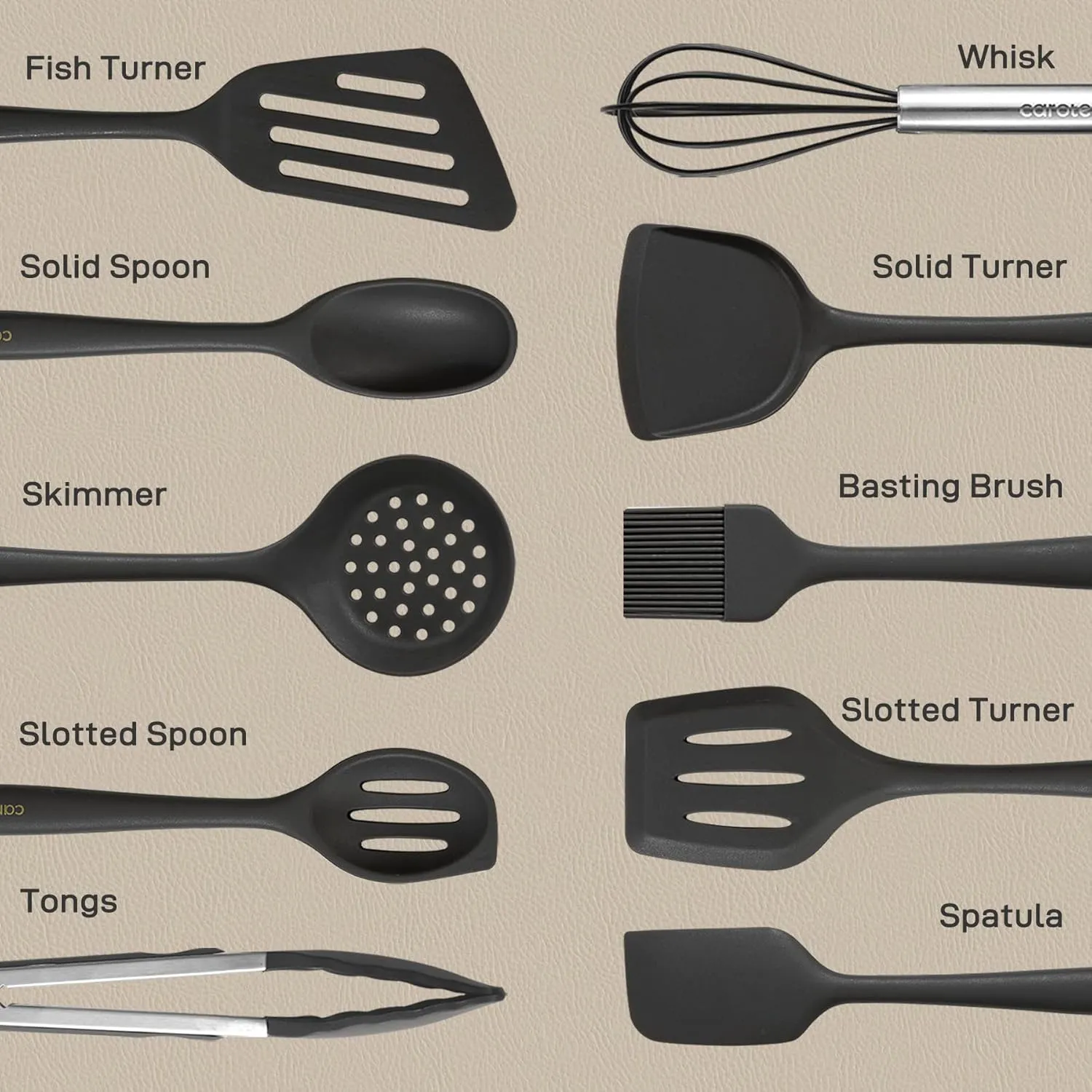 CAROTE Kitchen Utensil Set for Nonstick Cookware, Heat Resistant Silicone Cooking Utensils Set 10pcs, Dark Grey, Oderless Spatula, Turner