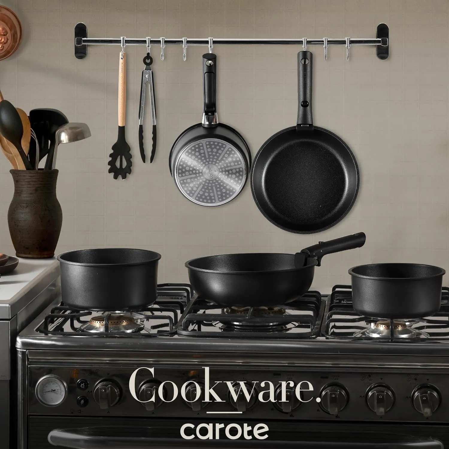 CAROTE Pots and Pans Set Non Stick, Cookware Set Detachable Handle, Nonstick Induction Kitchen Sets Non Stick with Removable Handle, RV Cook Ware, Oven Safe, Black