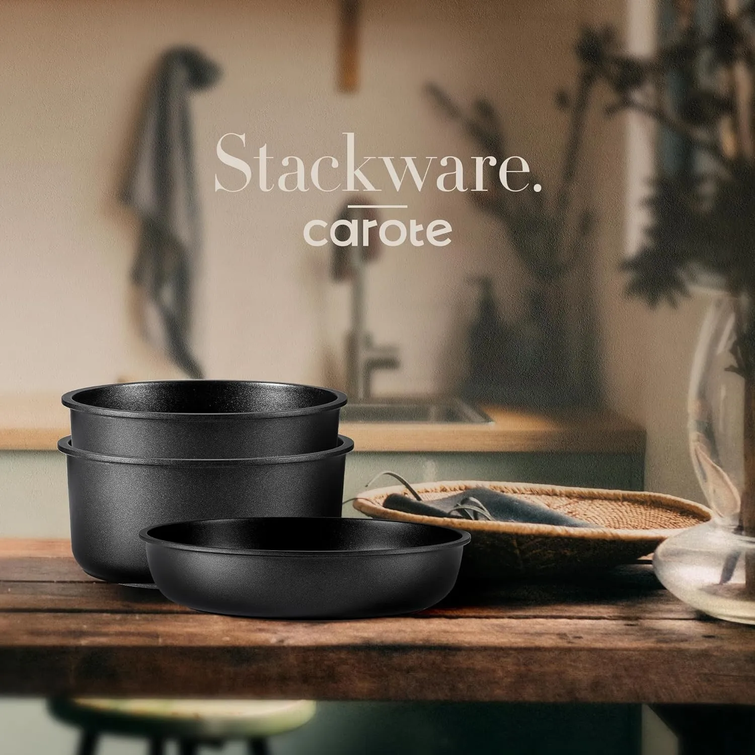 CAROTE Pots and Pans Set Non Stick, Cookware Set Detachable Handle, Nonstick Induction Kitchen Sets Non Stick with Removable Handle, RV Cook Ware, Oven Safe, Black