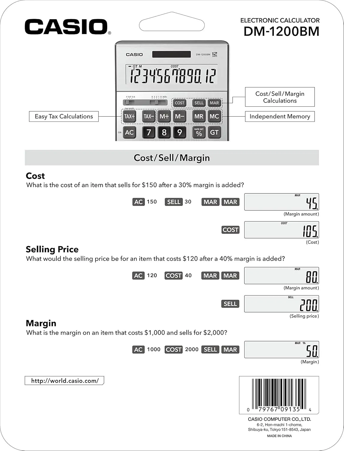 Casio DM-1200BM – Business Desktop Calculator with Cost/Sell/Margin & Tax Keys | Extra-Large 12-Digit Display, Kickstand | Ideal for Office & Finance Use