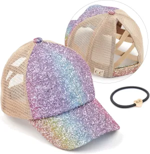 C.C Ponycap Messy High Bun Ponytail Adjustable Glitter Mesh Trucker Baseball Cap