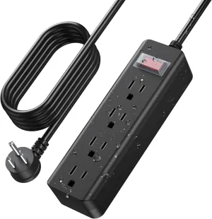 CCCEI Outdoor Waterproof 15 FT Flat Plug Extension Cord Power Strip,1500J Surge Protector Weatherproof Indoor Exterior Multiple Outlet, 15 Foot Extra Long, 3 Prong, 4 Outlets, Black. (Black, 15FT)