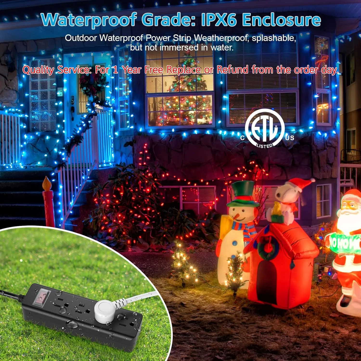 CCCEI Outdoor Waterproof 15 FT Flat Plug Extension Cord Power Strip,1500J Surge Protector Weatherproof Indoor Exterior Multiple Outlet, 15 Foot Extra Long, 3 Prong, 4 Outlets, Black. (Black, 15FT)