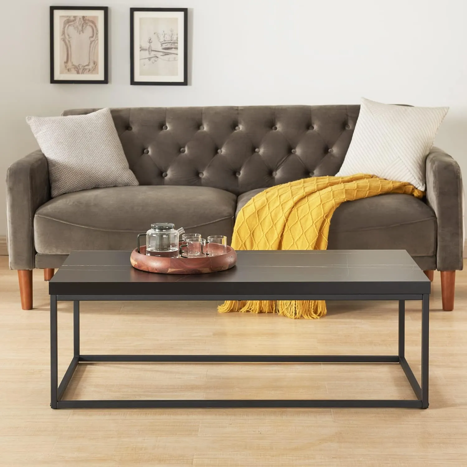 CENSI 47-Inch Black Marble Coffee Table for Living Room, Rectangle Modern Industrial Style Ottoman Center Table,Wood and Metal (Black)