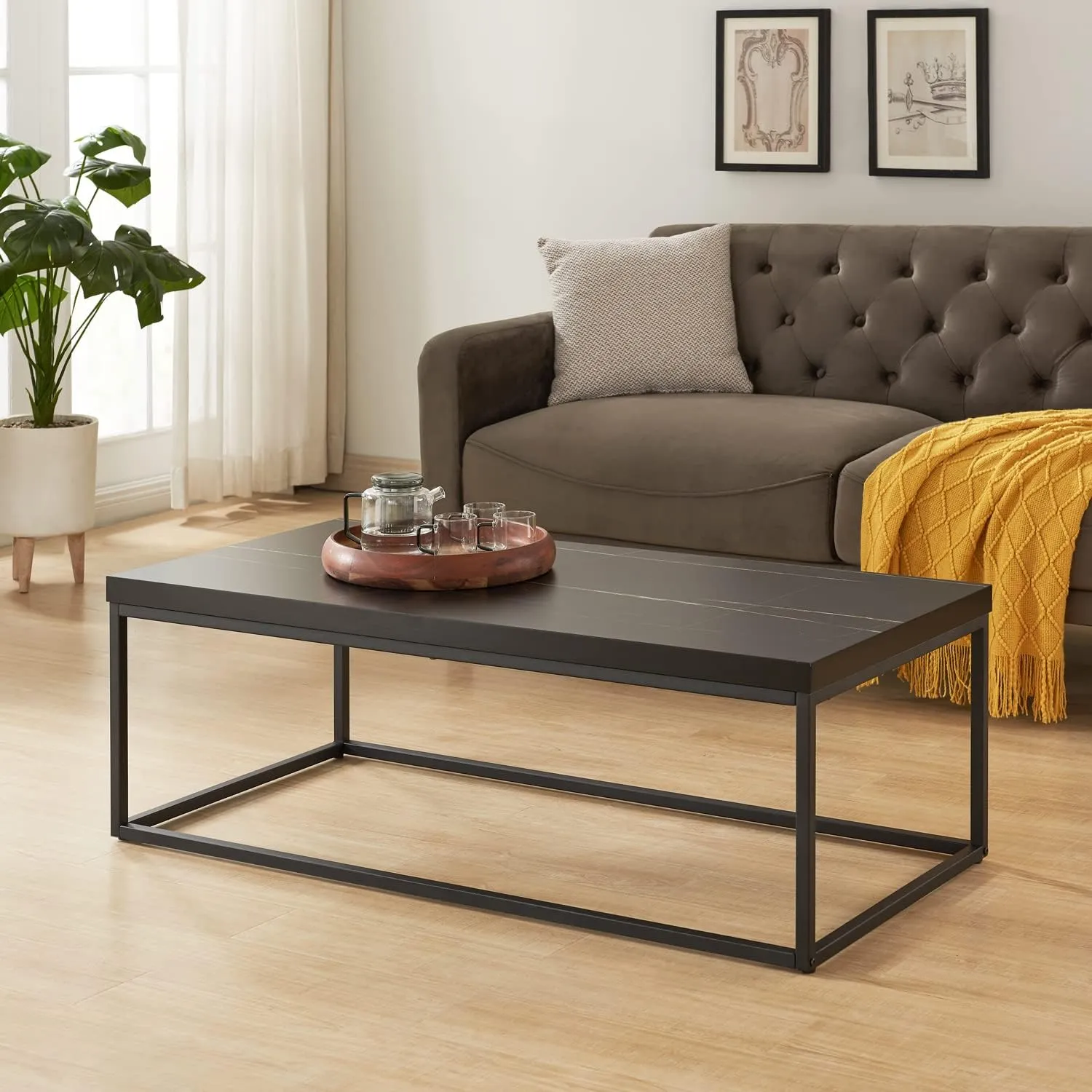 CENSI 47-Inch Black Marble Coffee Table for Living Room, Rectangle Modern Industrial Style Ottoman Center Table,Wood and Metal (Black)