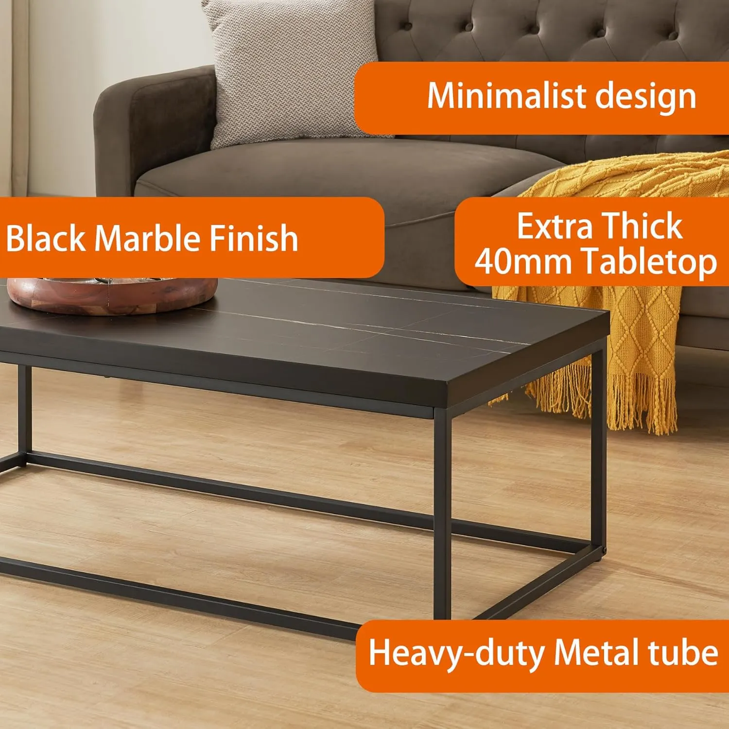 CENSI 47-Inch Black Marble Coffee Table for Living Room, Rectangle Modern Industrial Style Ottoman Center Table,Wood and Metal (Black)