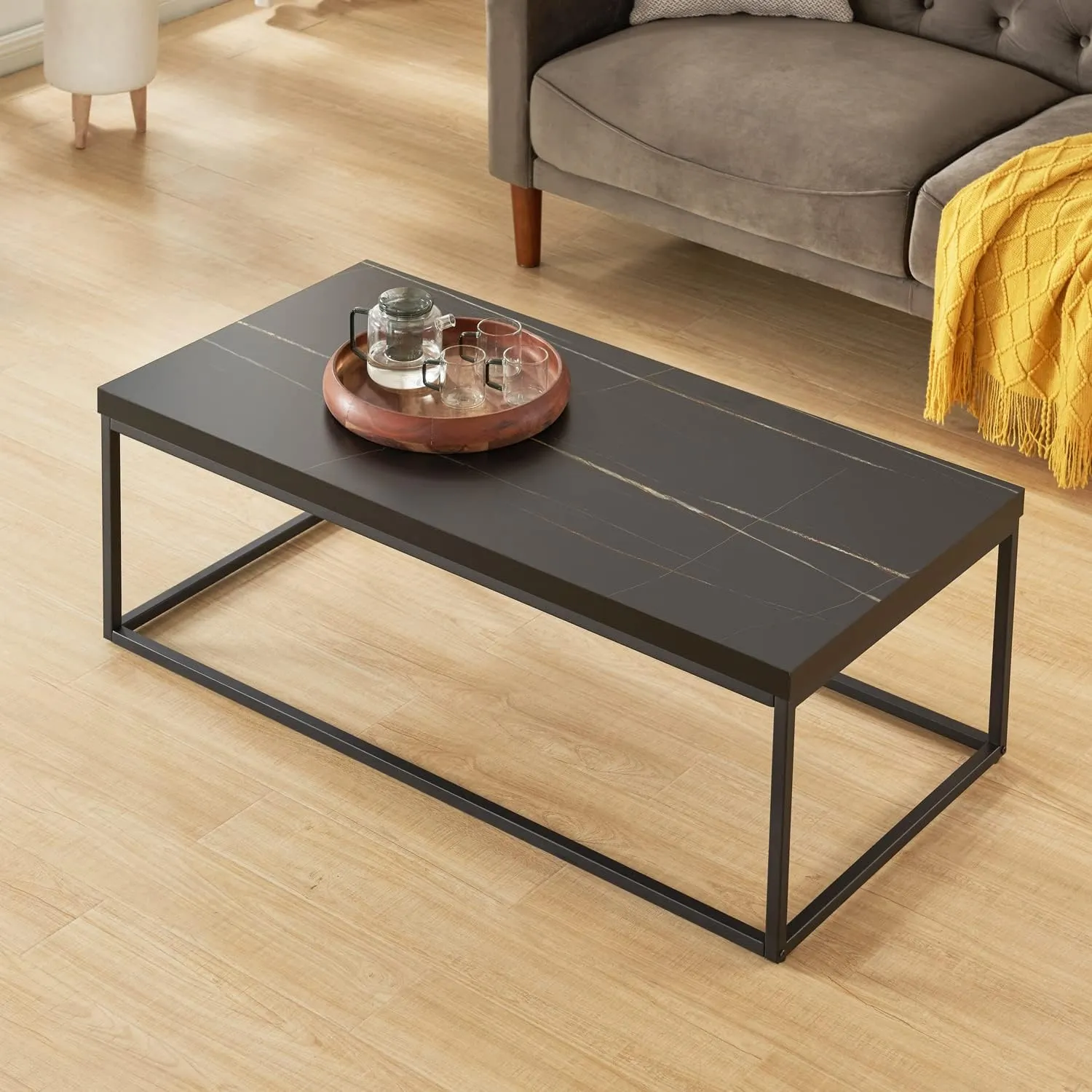 CENSI 47-Inch Black Marble Coffee Table for Living Room, Rectangle Modern Industrial Style Ottoman Center Table,Wood and Metal (Black)