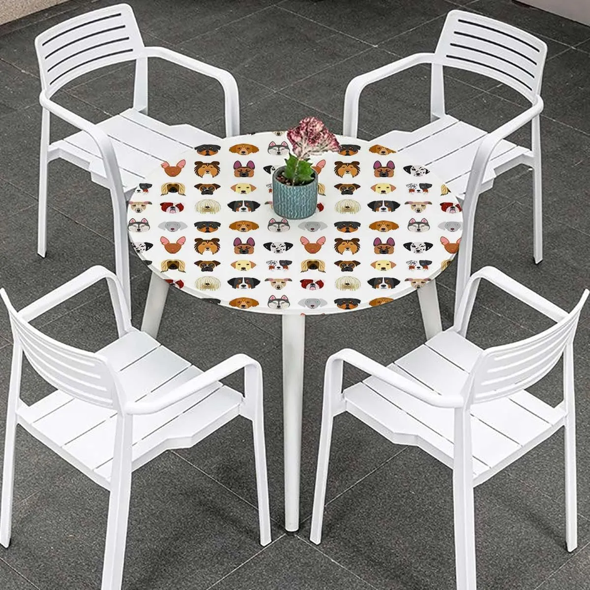 Charcoal Grey Gold Round Table Cloth with Elastic Edged Cartoon Dog Faces Set Fitted Table Cover Elastic Edged Plastic Table Cover Fits Tables Animals Pattern Fits up 40"-44" Diameter Tables