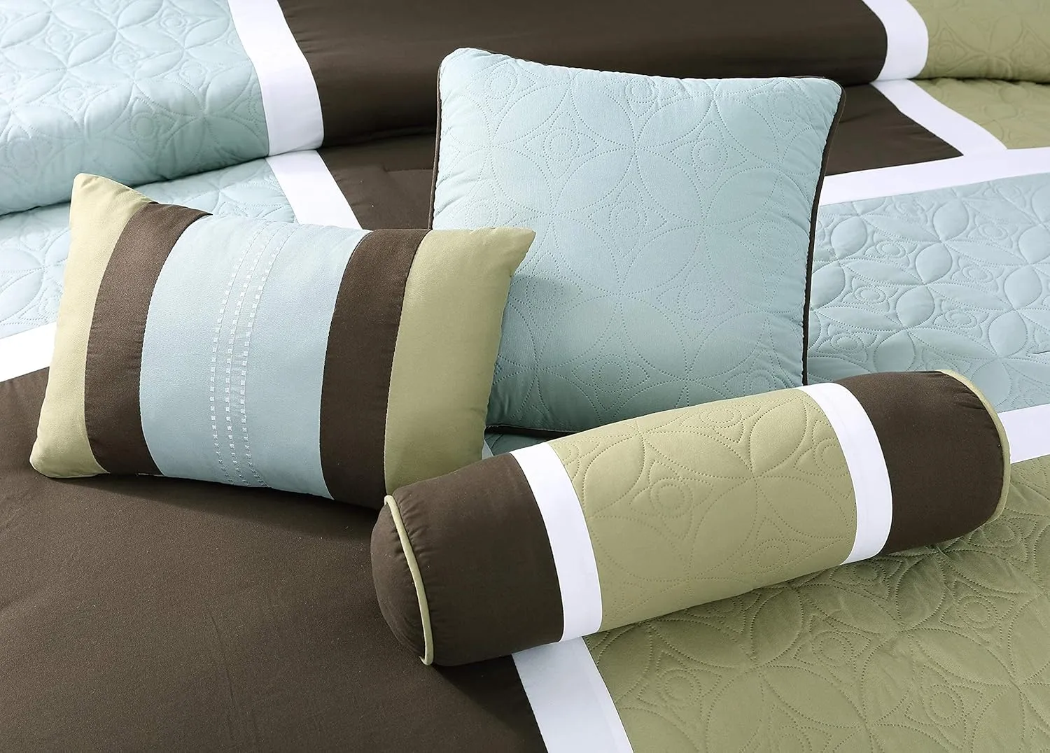 Chezmoi Collection 7-Piece Quilted Patchwork Comforter Set, Coffee Brown/Aqua Blue/Sage Green, King