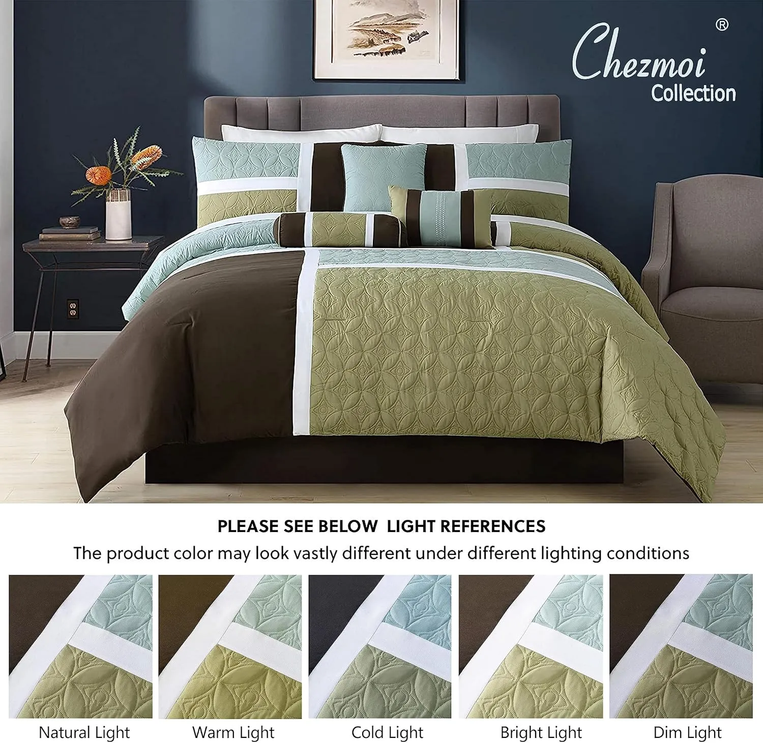 Chezmoi Collection 7-Piece Quilted Patchwork Comforter Set, Coffee Brown/Aqua Blue/Sage Green, King