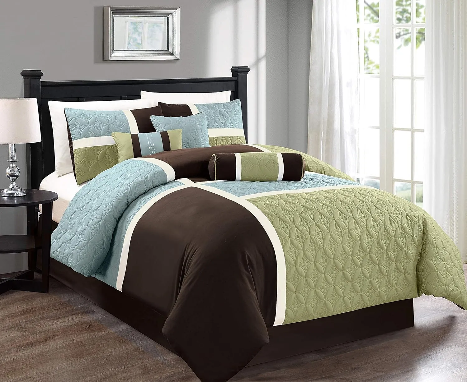 Chezmoi Collection 7-Piece Quilted Patchwork Comforter Set, Coffee Brown/Aqua Blue/Sage Green, King