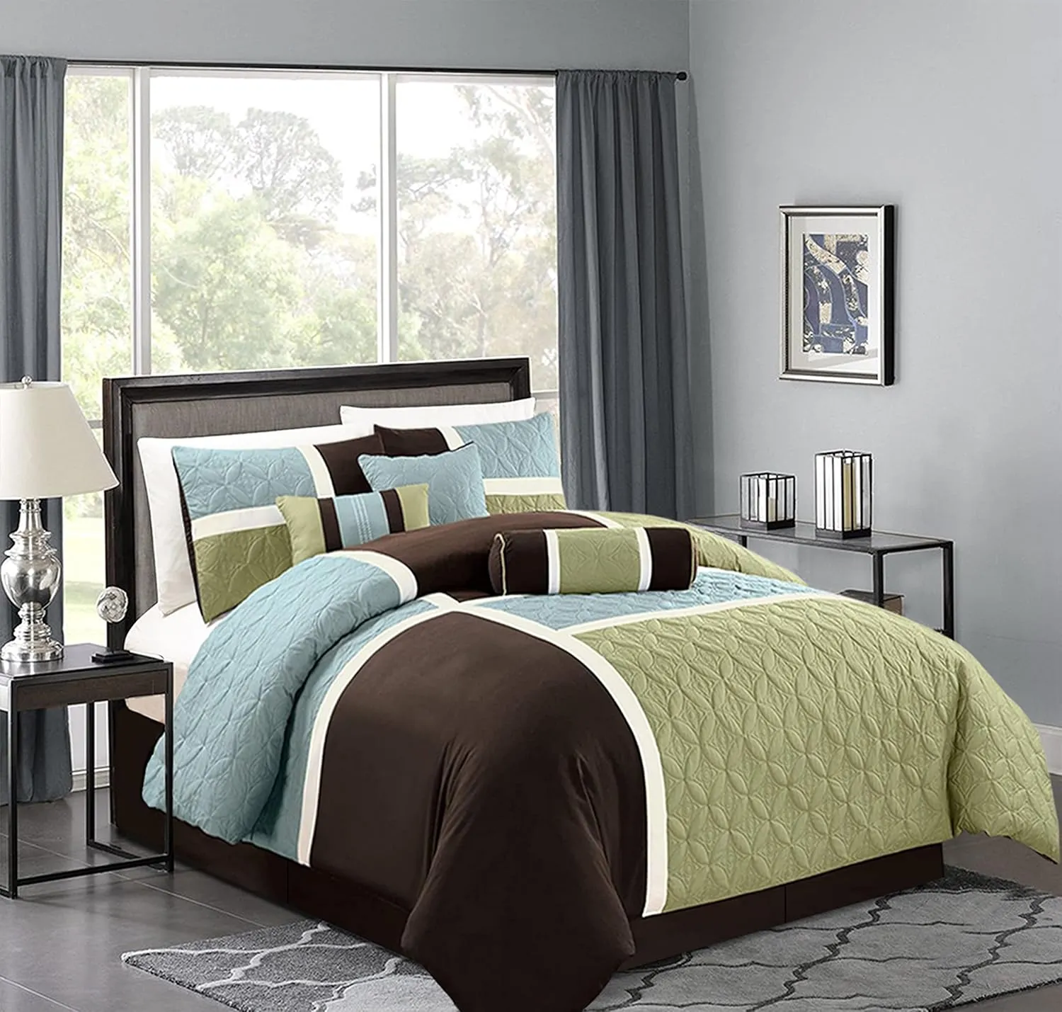 Chezmoi Collection 7-Piece Quilted Patchwork Comforter Set, Coffee Brown/Aqua Blue/Sage Green, King