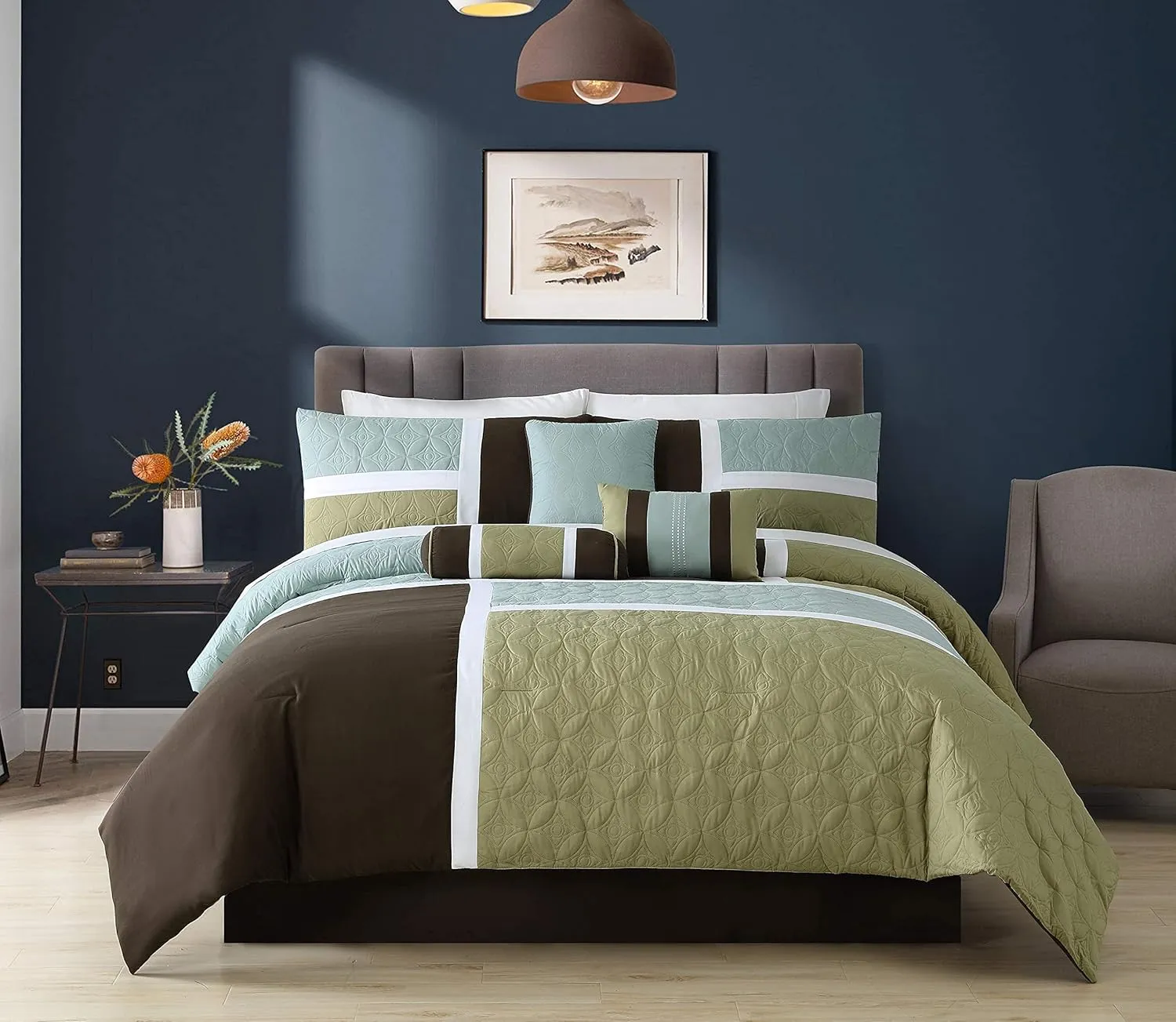 Chezmoi Collection 7-Piece Quilted Patchwork Comforter Set, Coffee Brown/Aqua Blue/Sage Green, King