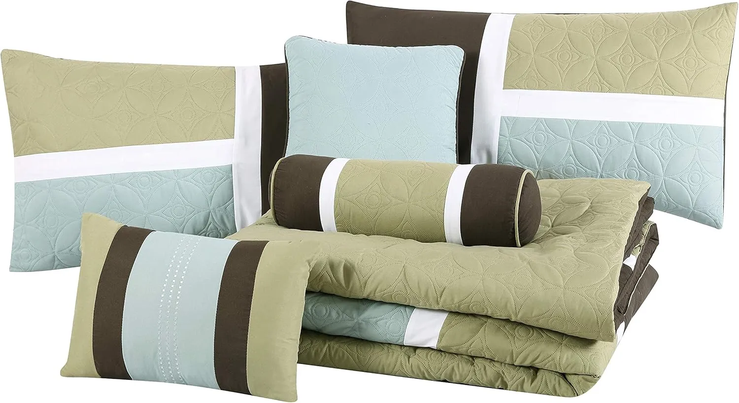 Chezmoi Collection 7-Piece Quilted Patchwork Comforter Set, Coffee Brown/Aqua Blue/Sage Green, King