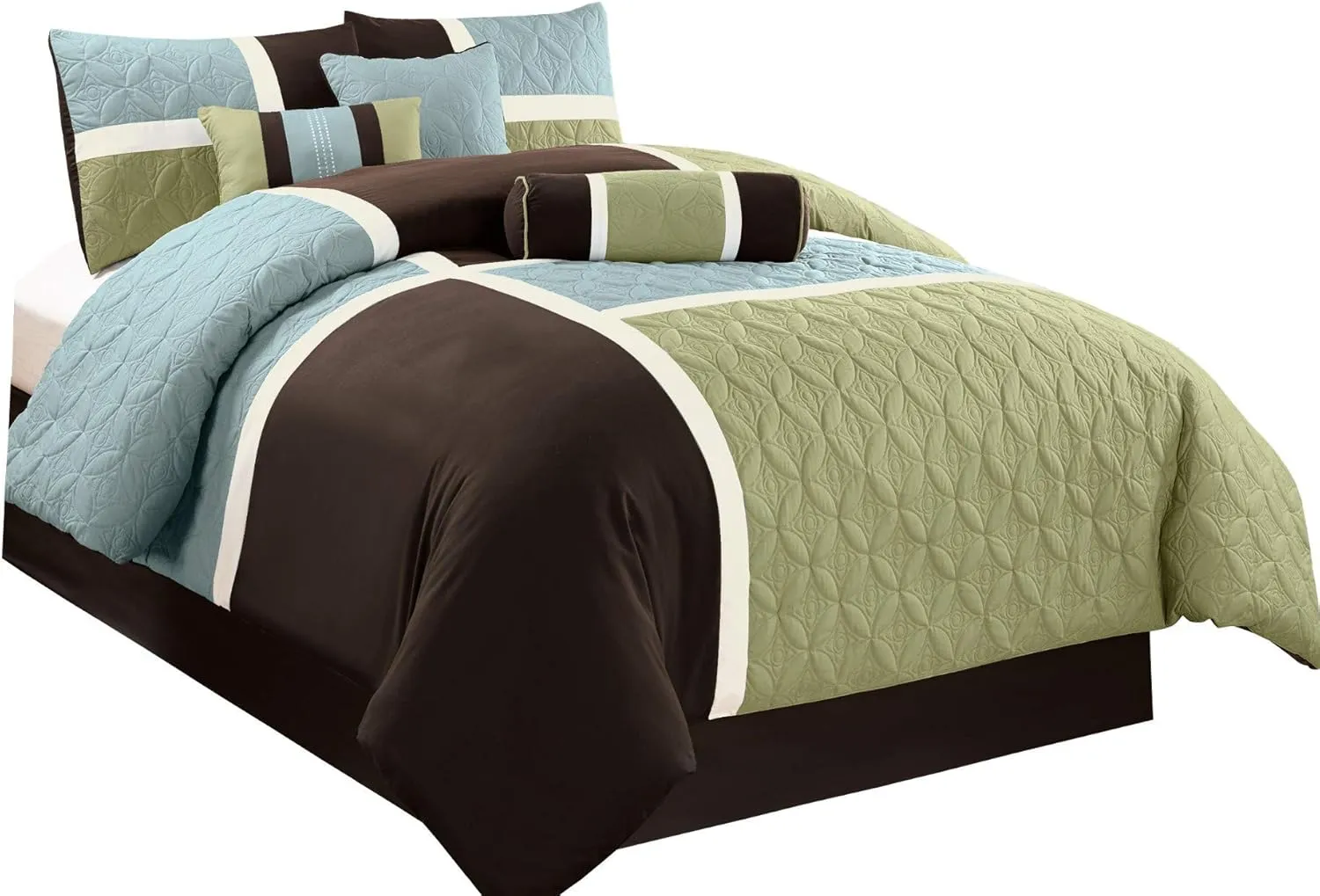 Chezmoi Collection 7-Piece Quilted Patchwork Comforter Set, Coffee Brown/Aqua Blue/Sage Green, King