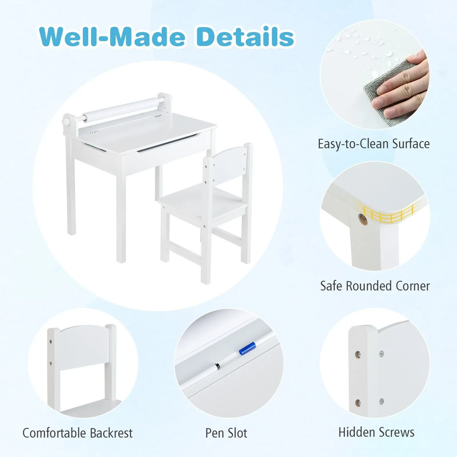 Children's Montessori Homework Desk & Ergonomic Spine-Supporting Chair | Paper Roll | White | 3 Years 