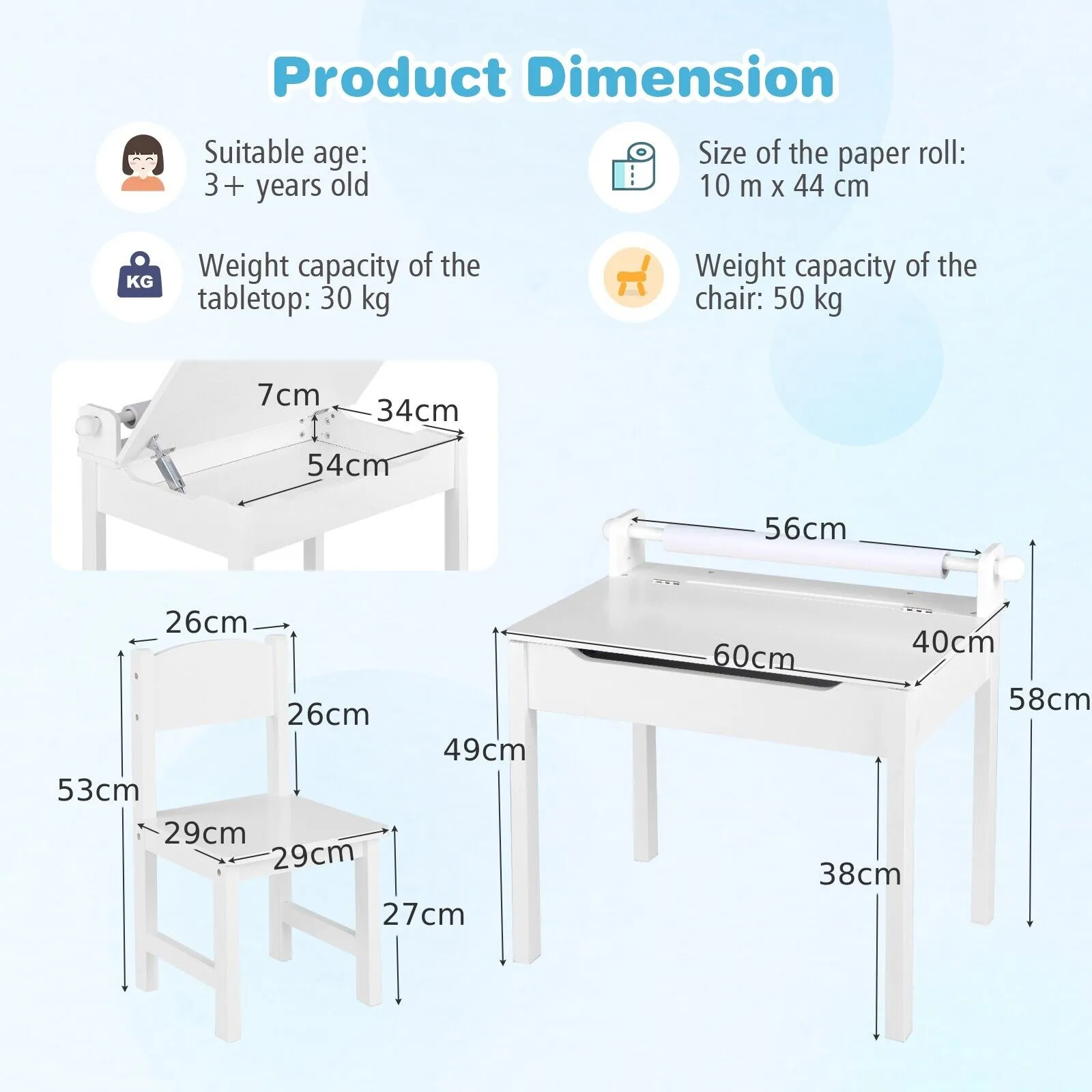 Children's Montessori Homework Desk & Ergonomic Spine-Supporting Chair | Paper Roll | White | 3 Years 