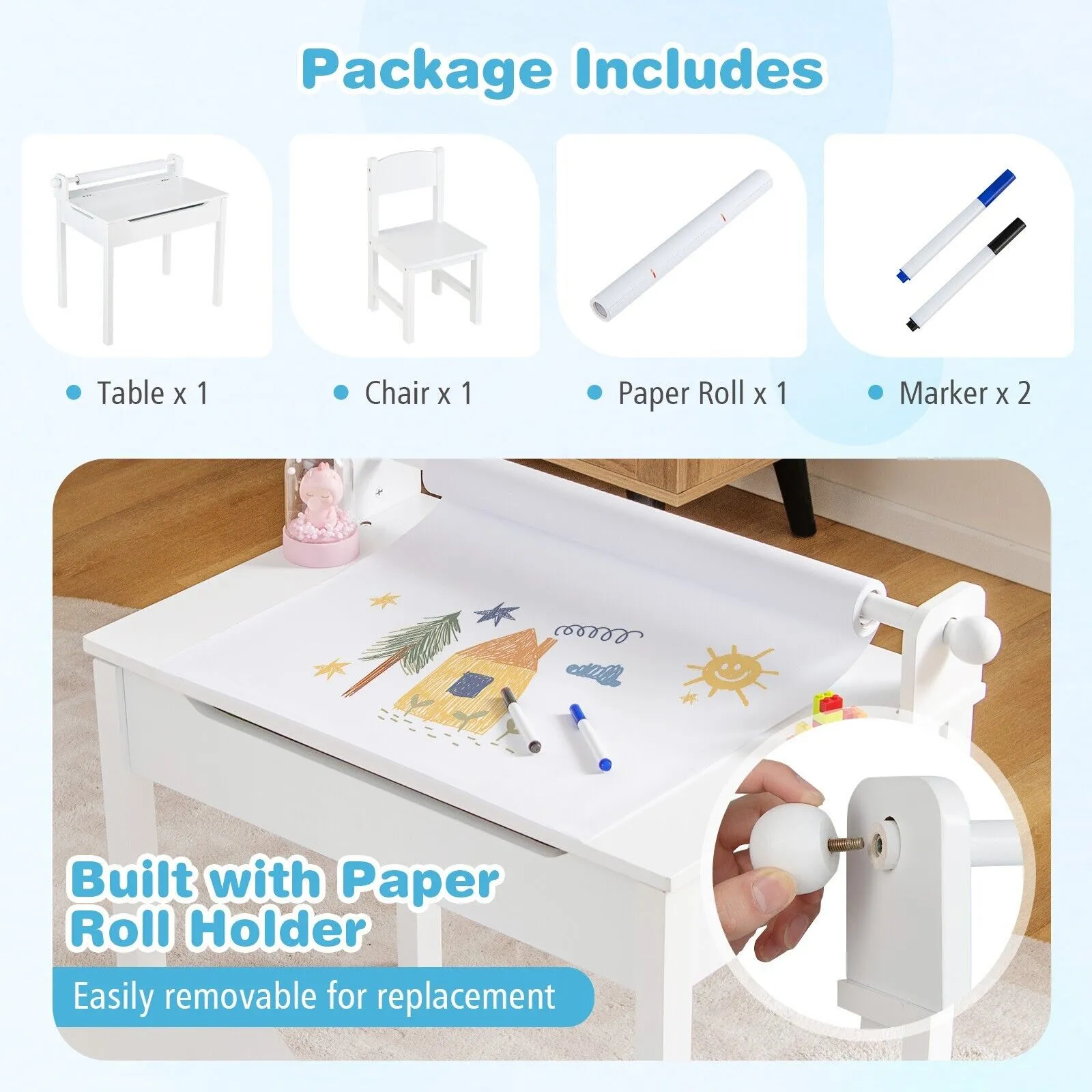 Children's Montessori Homework Desk & Ergonomic Spine-Supporting Chair | Paper Roll | White | 3 Years 